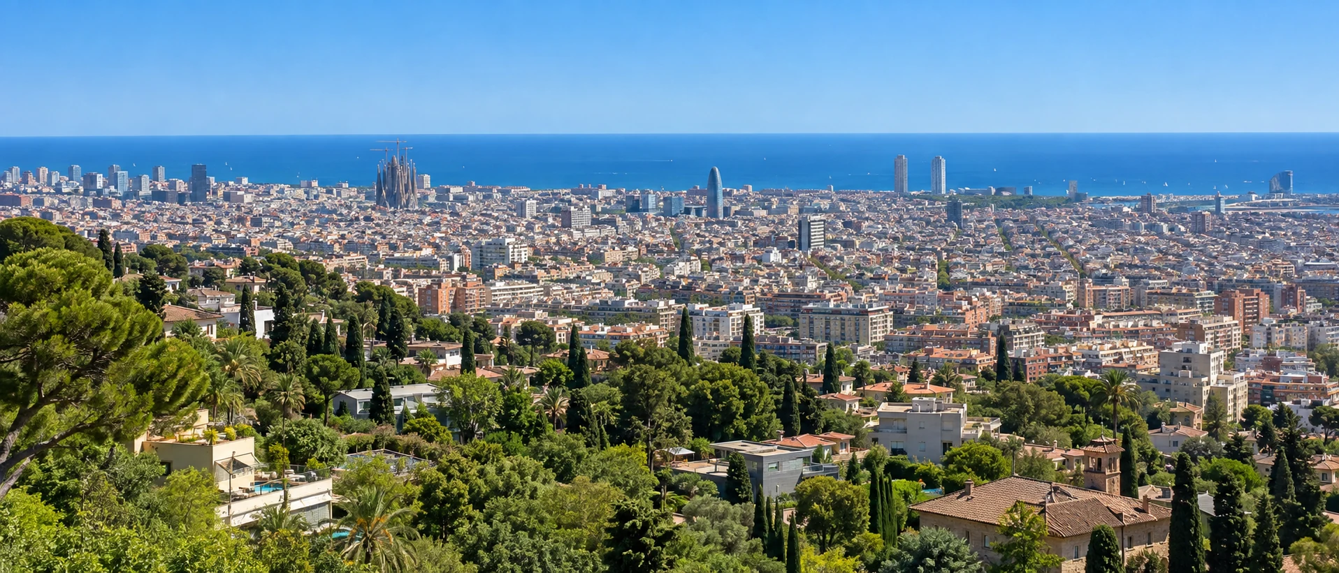 Vista ilustrativa panorámica de Barcelona desde la parte alta de Pedralbes hacia el mar